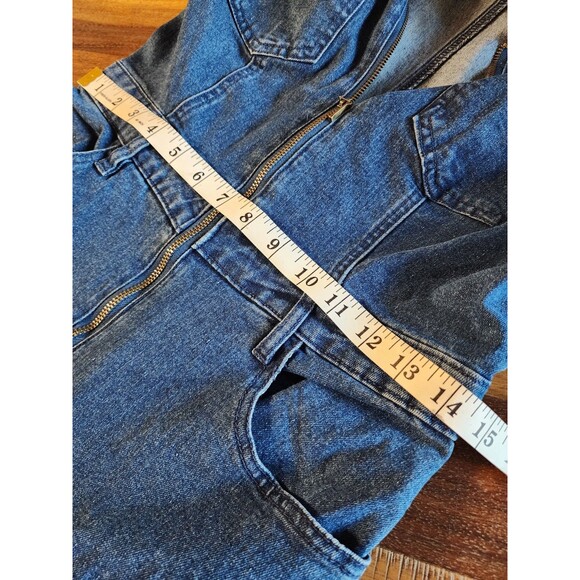 Project/Rebel Stretch Denim Jumpsuit Womens Flare Leg Blue Zip Short Sleeve Sz M - Picture 8 of 11